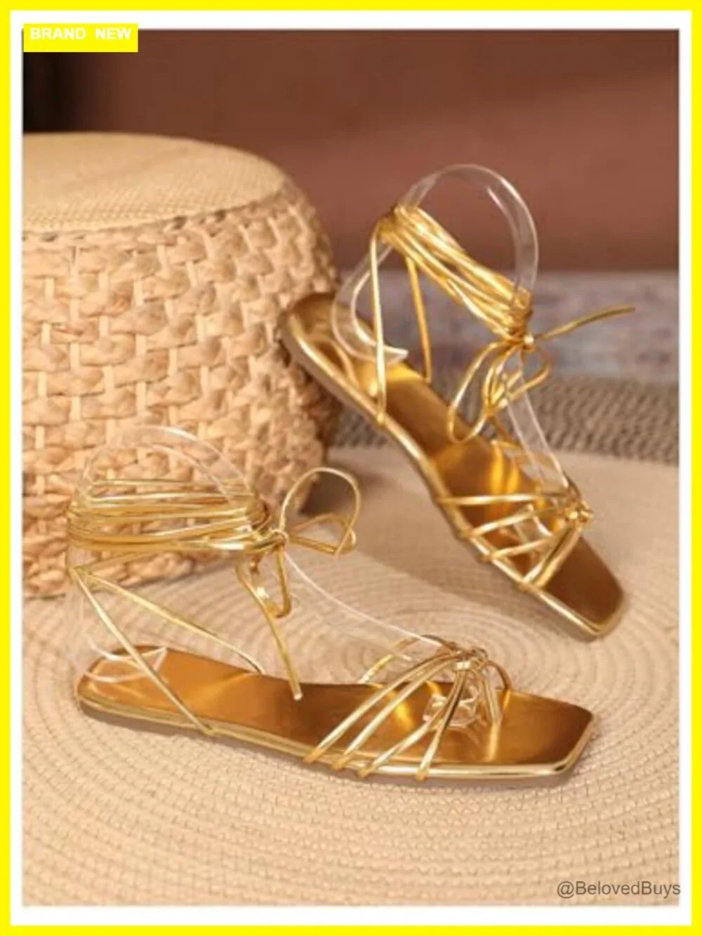 Women's Strappy Flat Sandals Lace Up Square Open Toe PU Leather Tie Up Summer